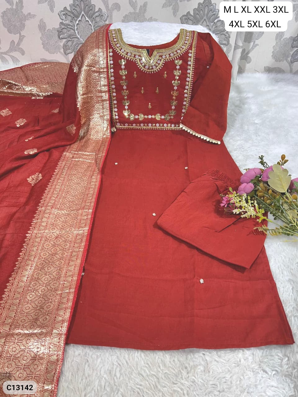 Roman Silk Embroidered Kurta Pant Set with Tassel Dupatta