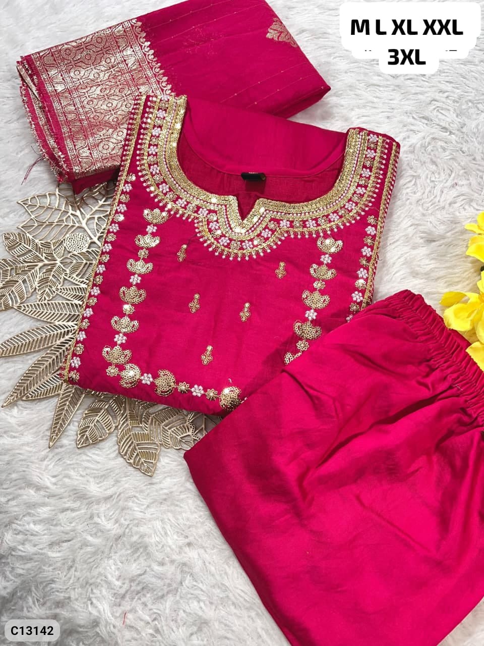 Roman Silk Embroidered Kurta Pant Set with Tassel Dupatta