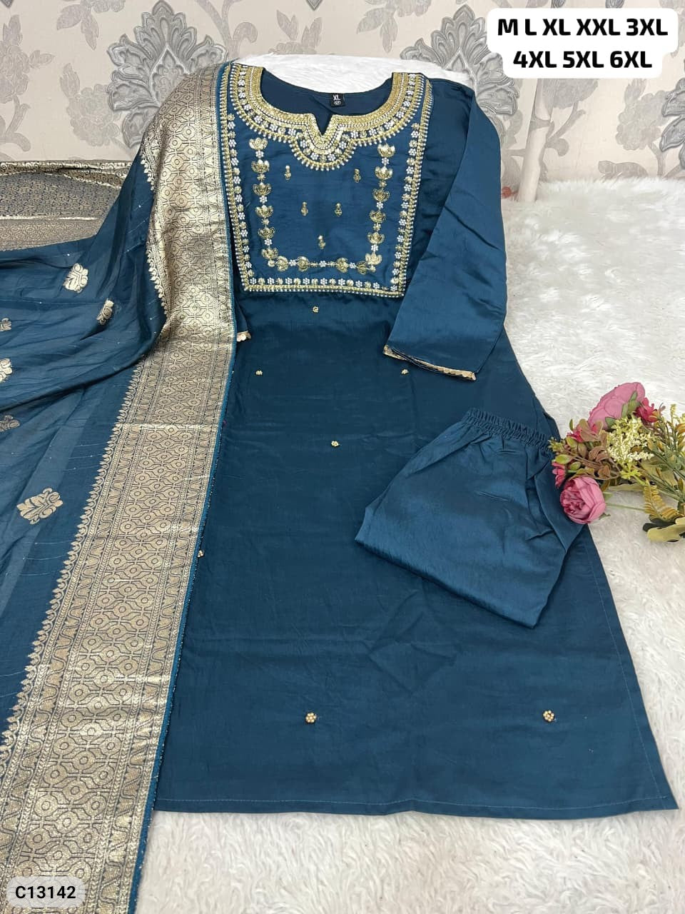Roman Silk Embroidered Kurta Pant Set with Tassel Dupatta