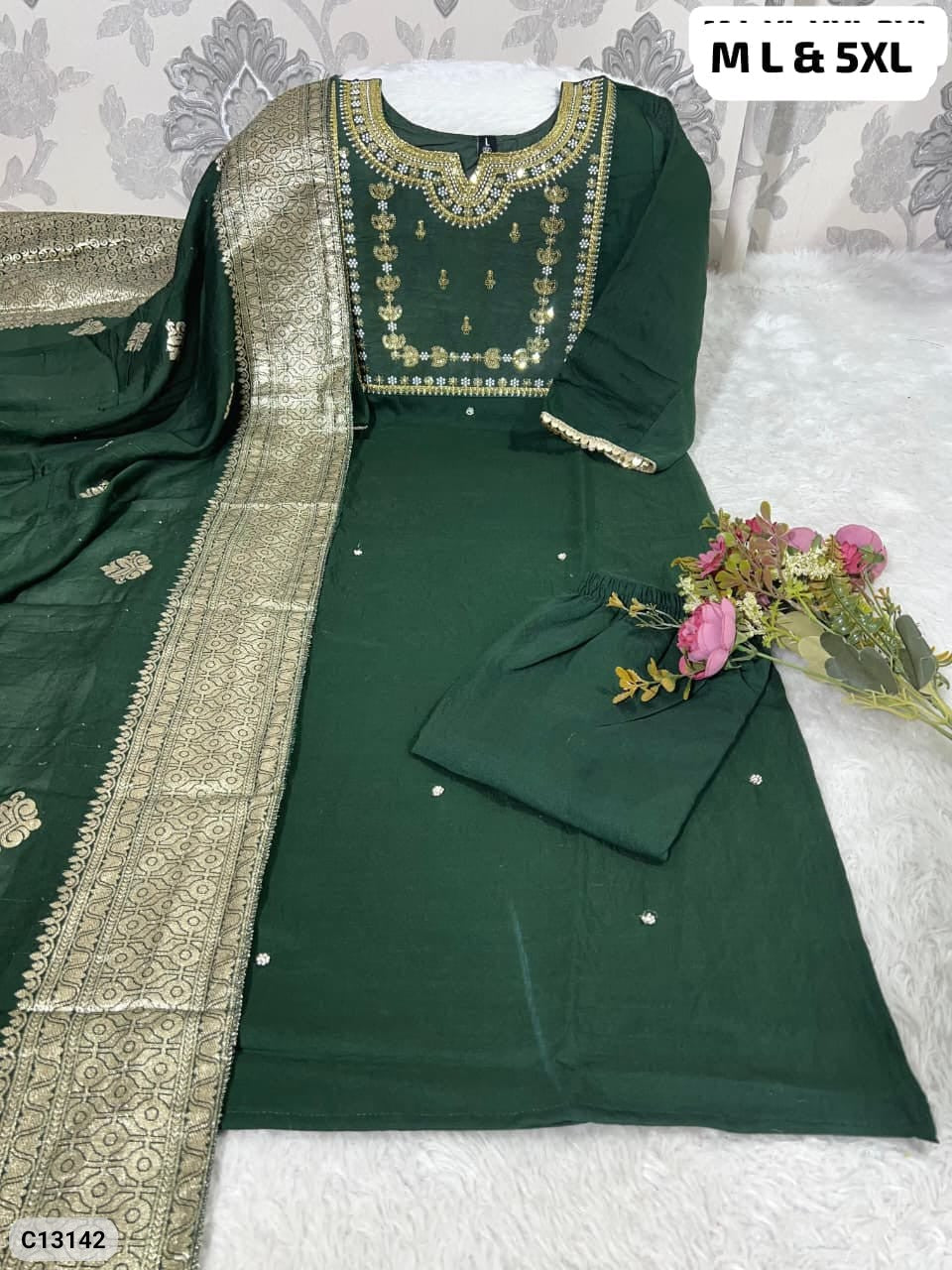 Roman Silk Embroidered Kurta Pant Set with Tassel Dupatta