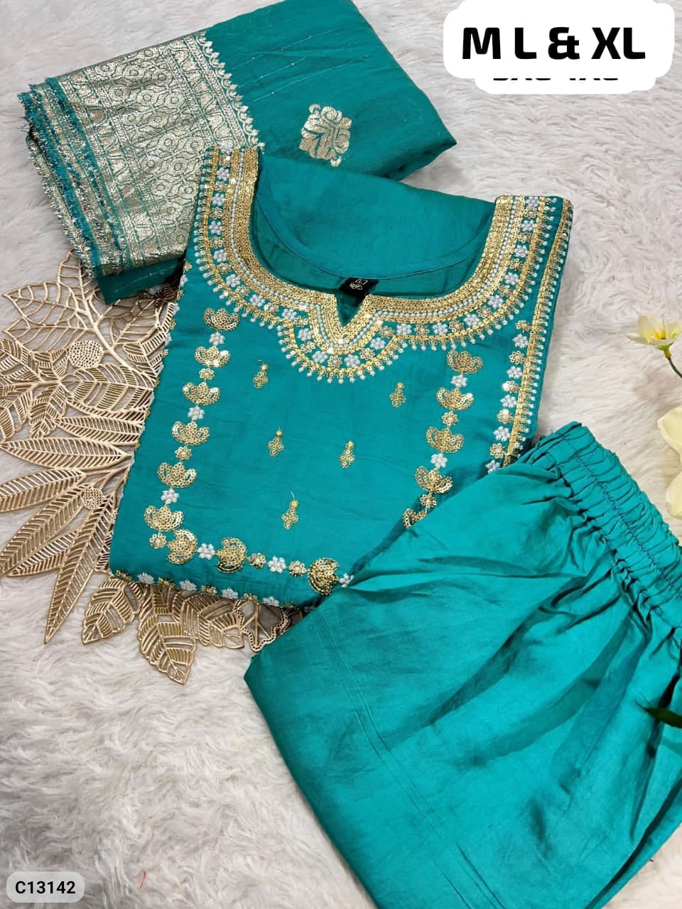 Roman Silk Embroidered Kurta Pant Set with Tassel Dupatta