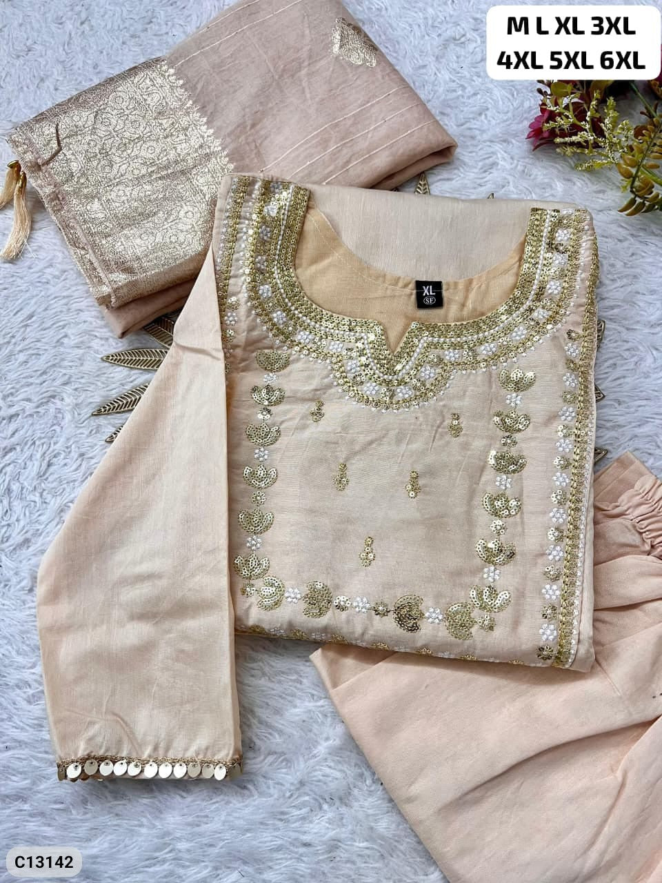 Roman Silk Embroidered Kurta Pant Set with Tassel Dupatta