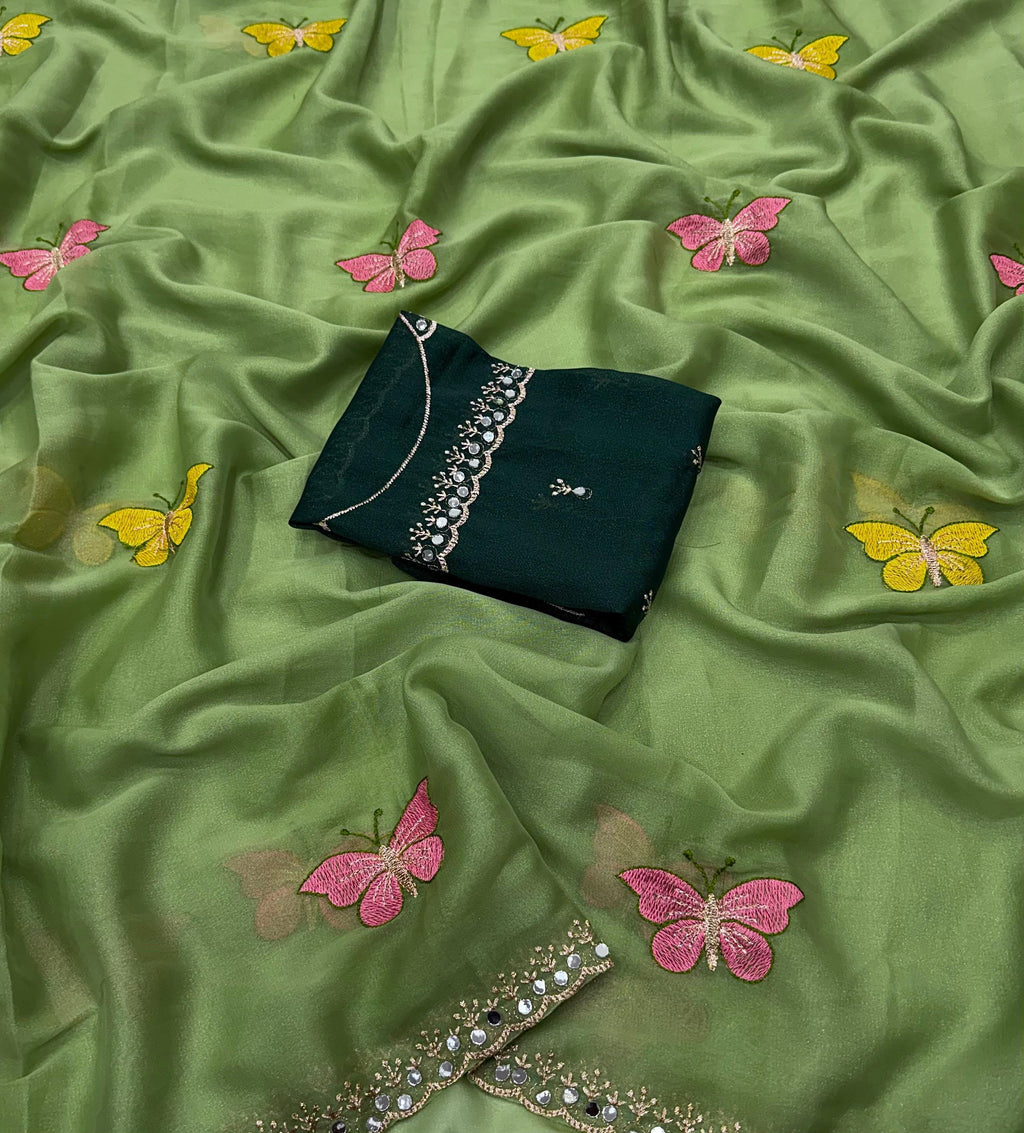 Butterfly Work Georgette Saree with Contrast Blouse Piece