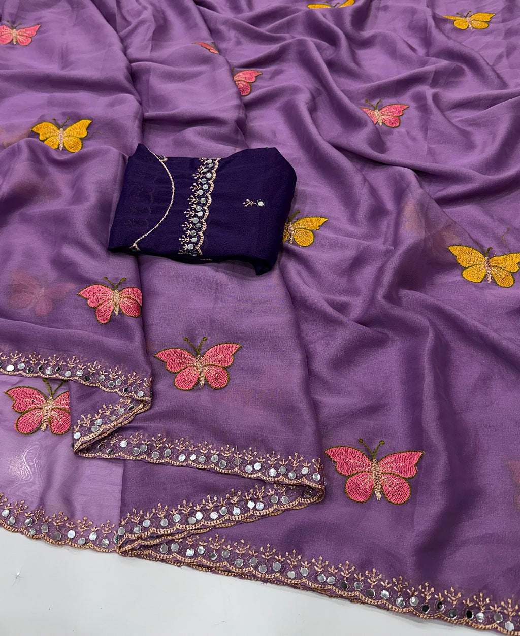 Butterfly Work Georgette Saree with Contrast Blouse Piece