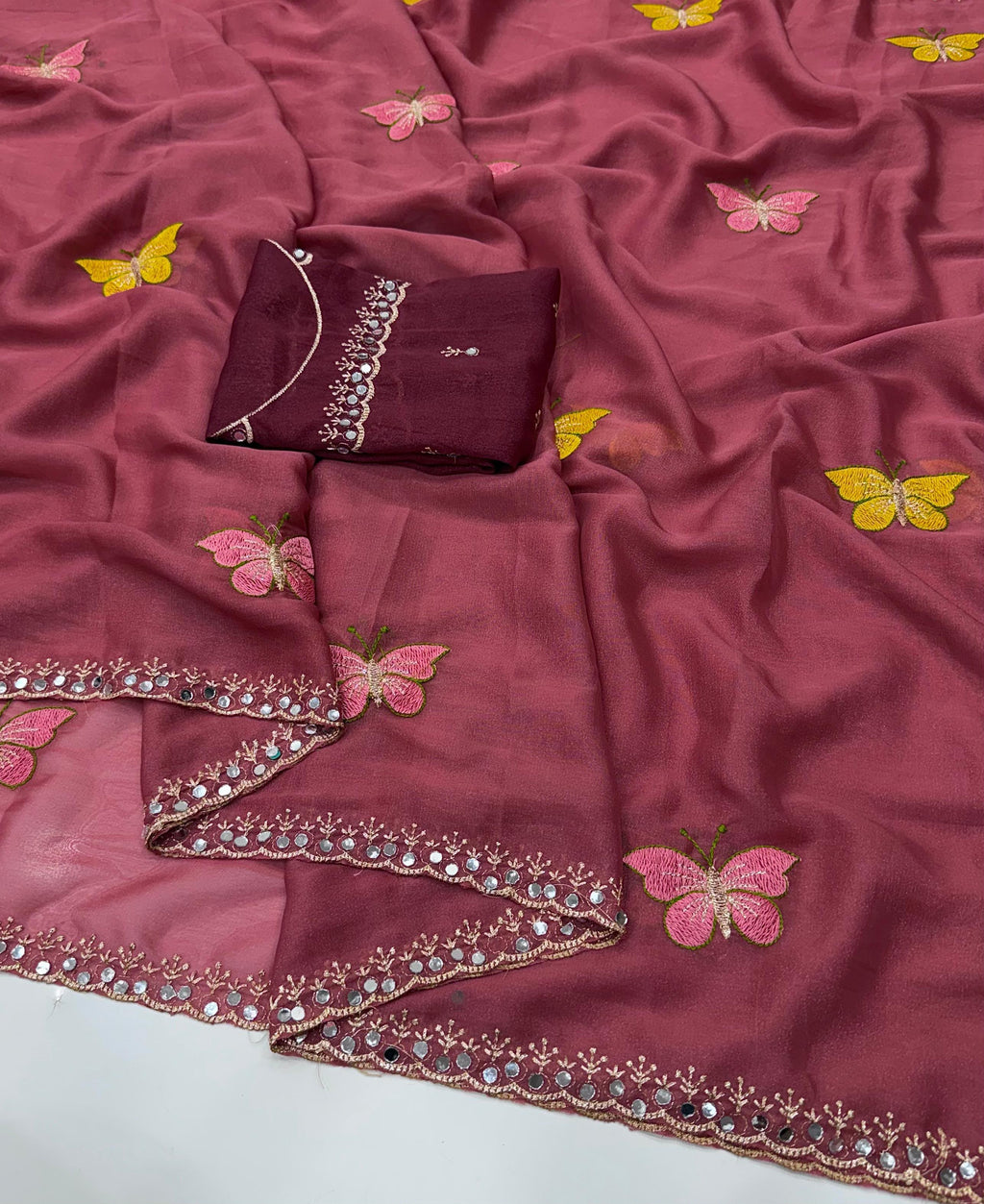 Butterfly Work Georgette Saree with Contrast Blouse Piece