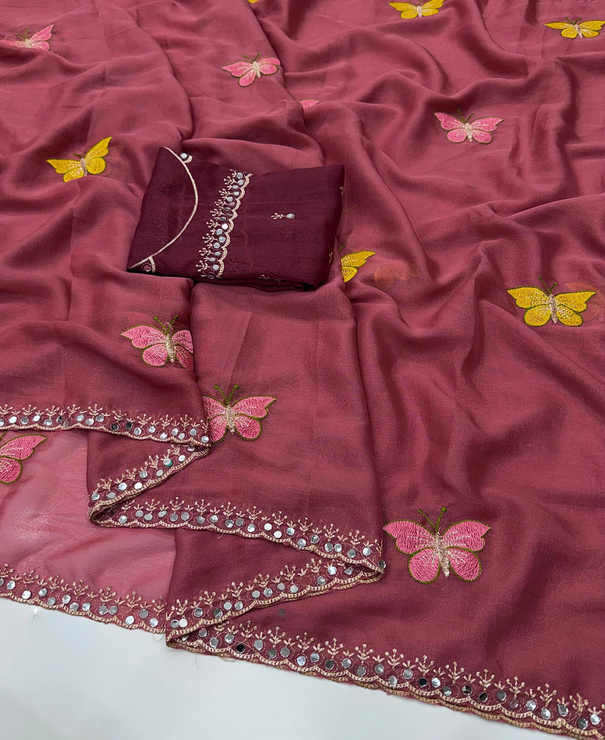 Butterfly Work Georgette Saree with Contrast Blouse Piece