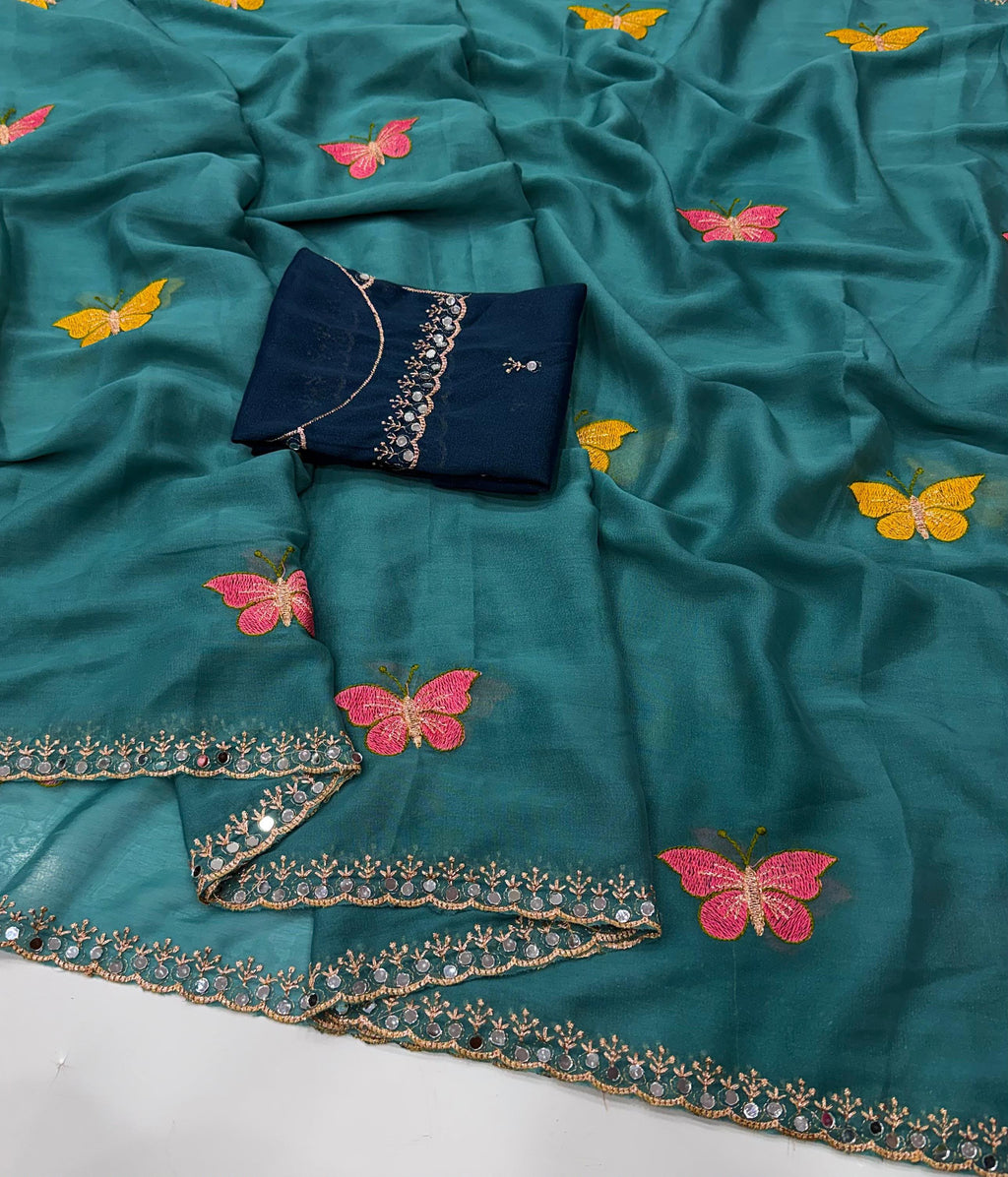 Butterfly Work Georgette Saree with Contrast Blouse Piece