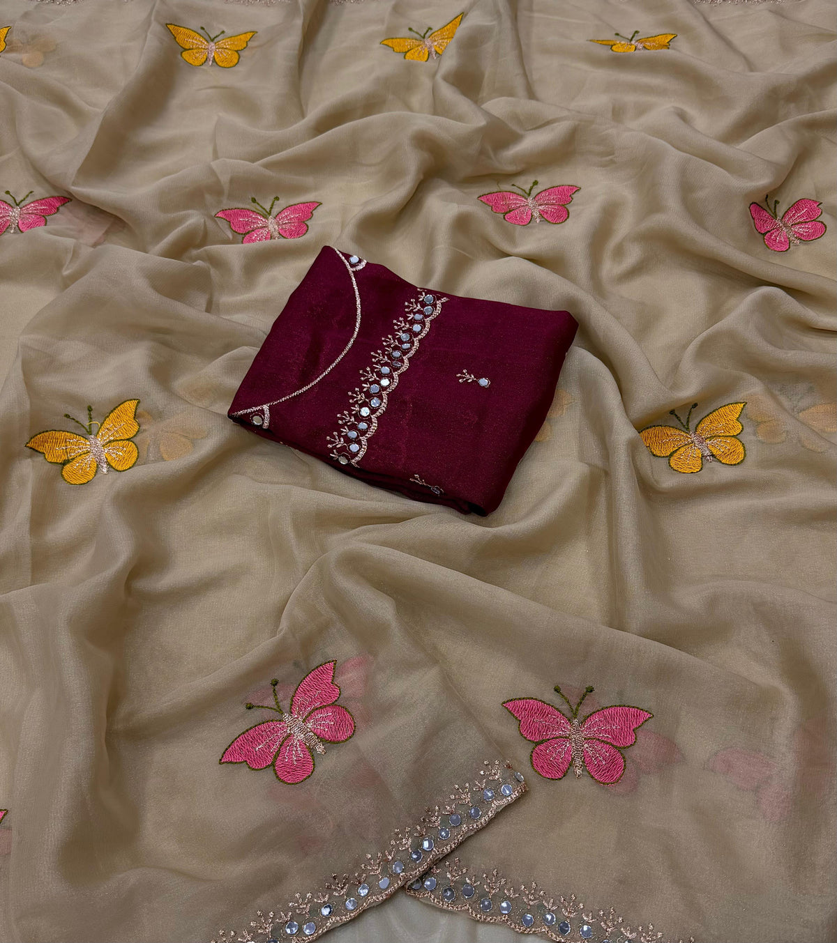 Butterfly Work Georgette Saree with Contrast Blouse Piece