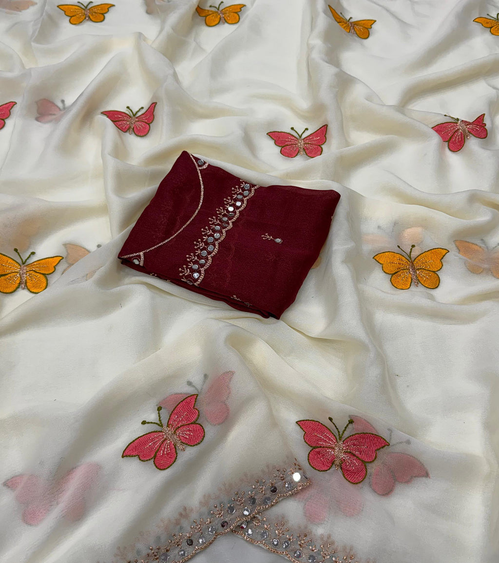 Butterfly Work Georgette Saree with Contrast Blouse Piece