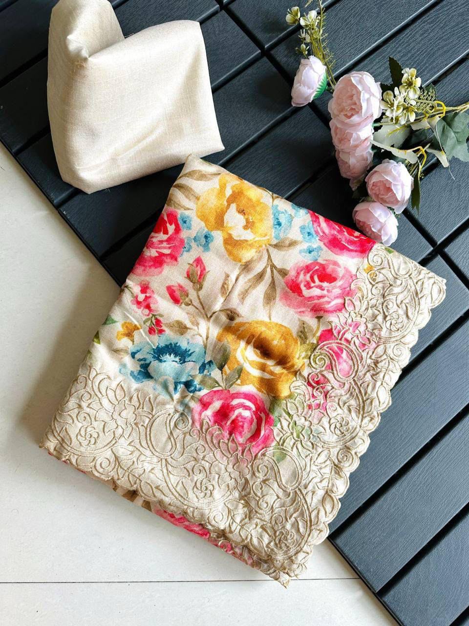 Asvi Floral Butta Tussar Silk Saree with Cutwork Border