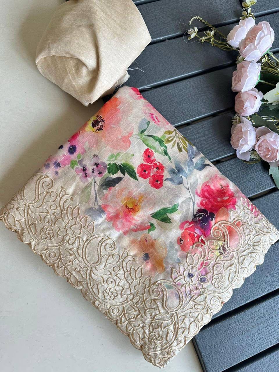 Asvi Floral Butta Tussar Silk Saree with Cutwork Border