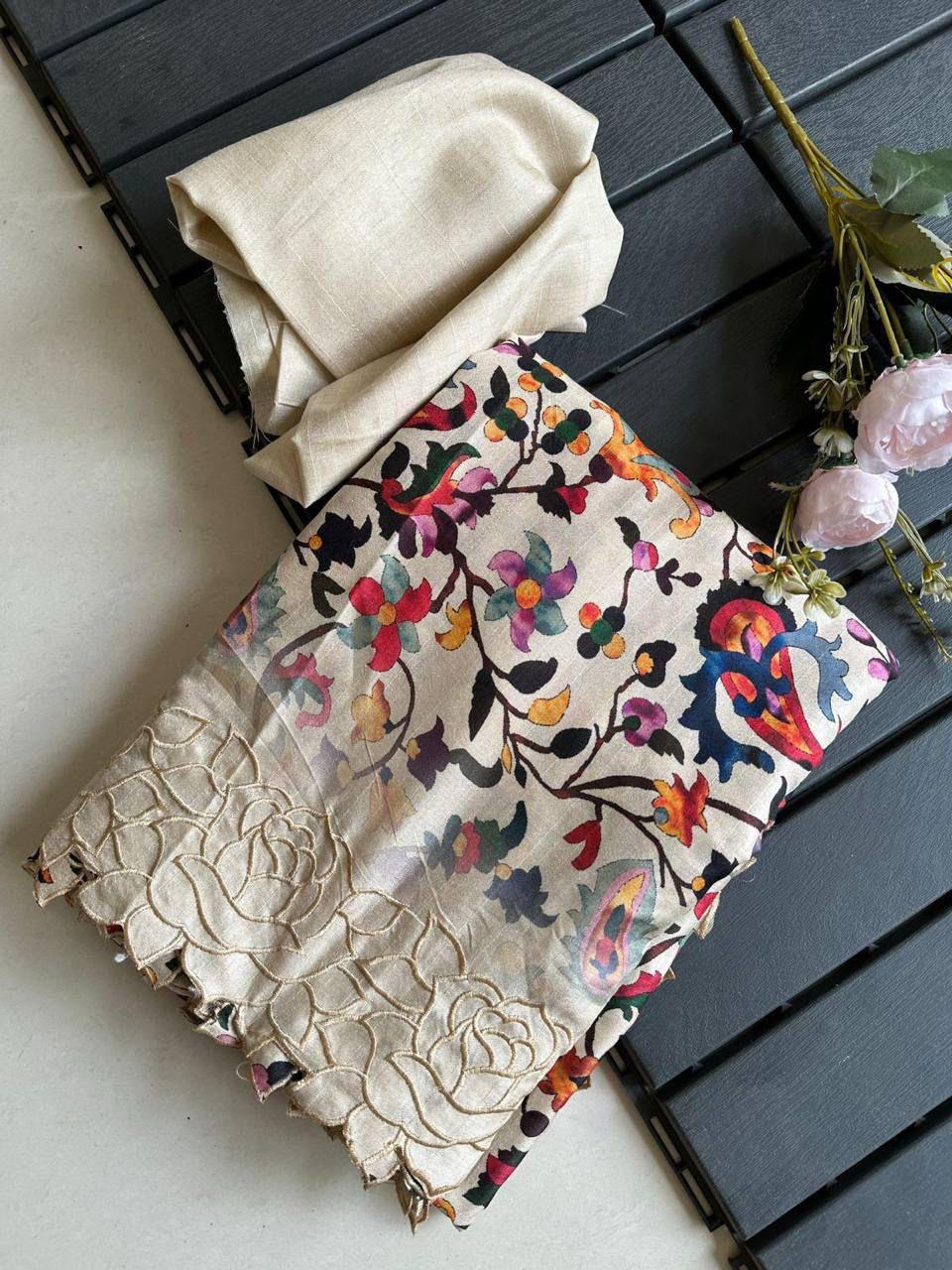 Asvi Floral Butta Tussar Silk Saree with Cutwork Border