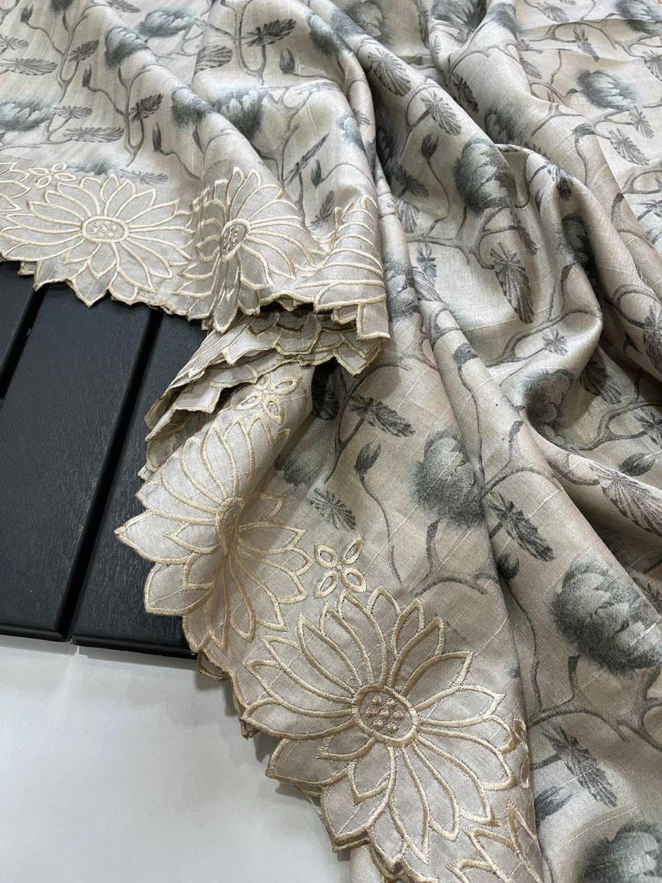 Asvi Floral Butta Tussar Silk Saree with Cutwork Border