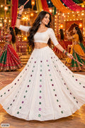 White Roman Fabric Mirror Work Flared Skirt