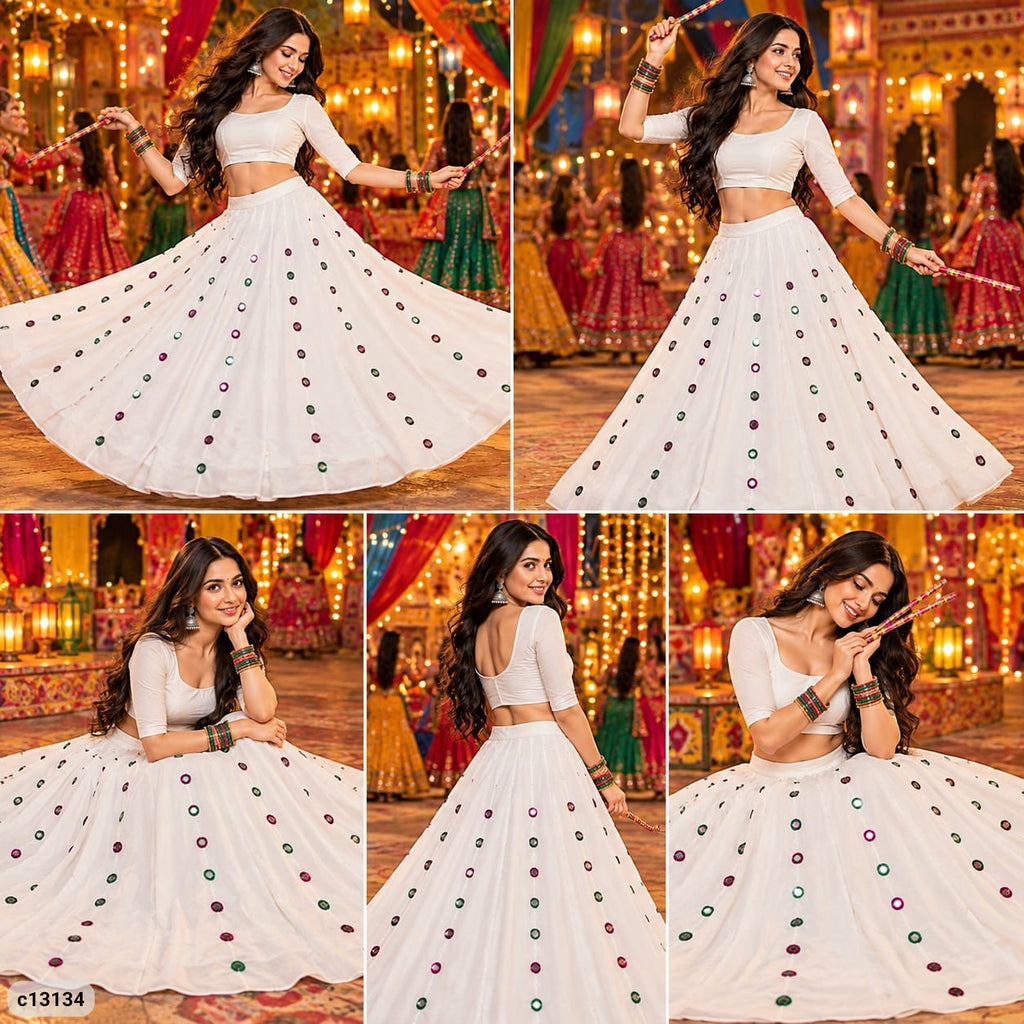 White Roman Fabric Mirror Work Flared Skirt
