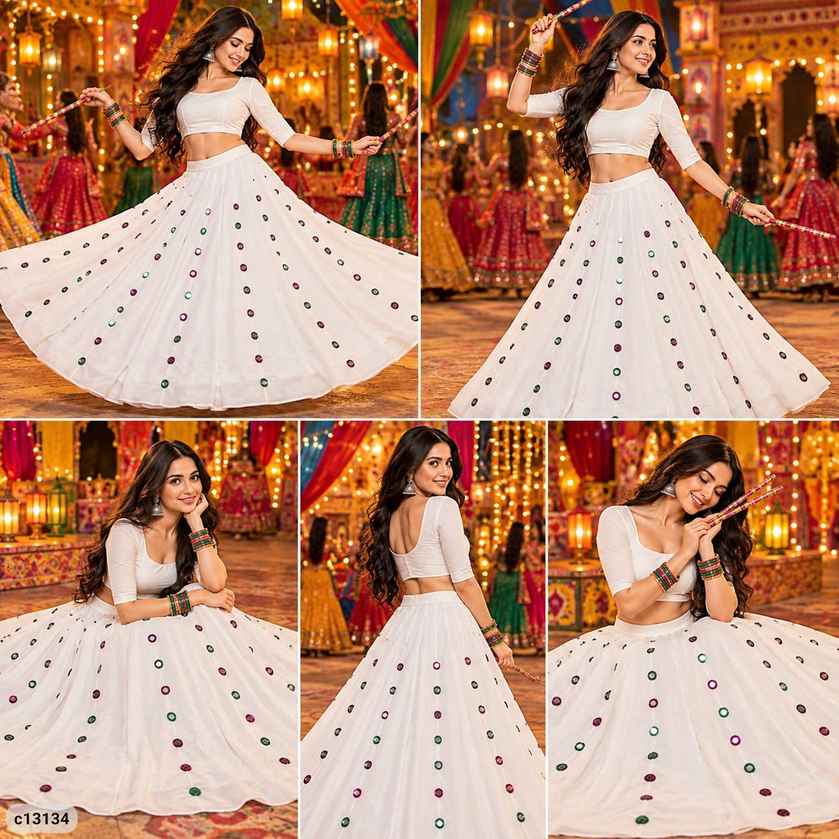 White Roman Fabric Mirror Work Flared Skirt