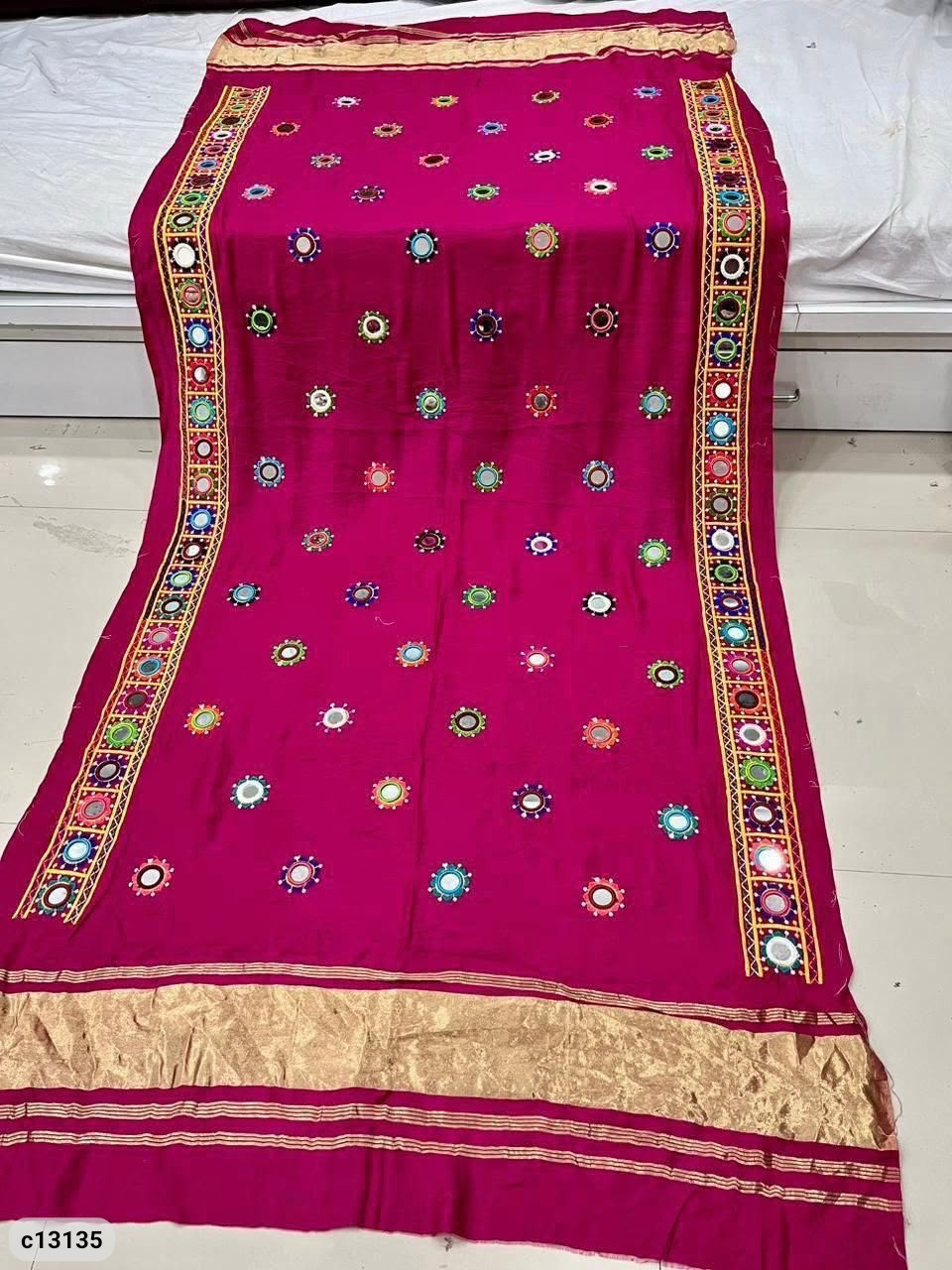 Semi Gajji Mirror Work Dupatta with Decorative Border