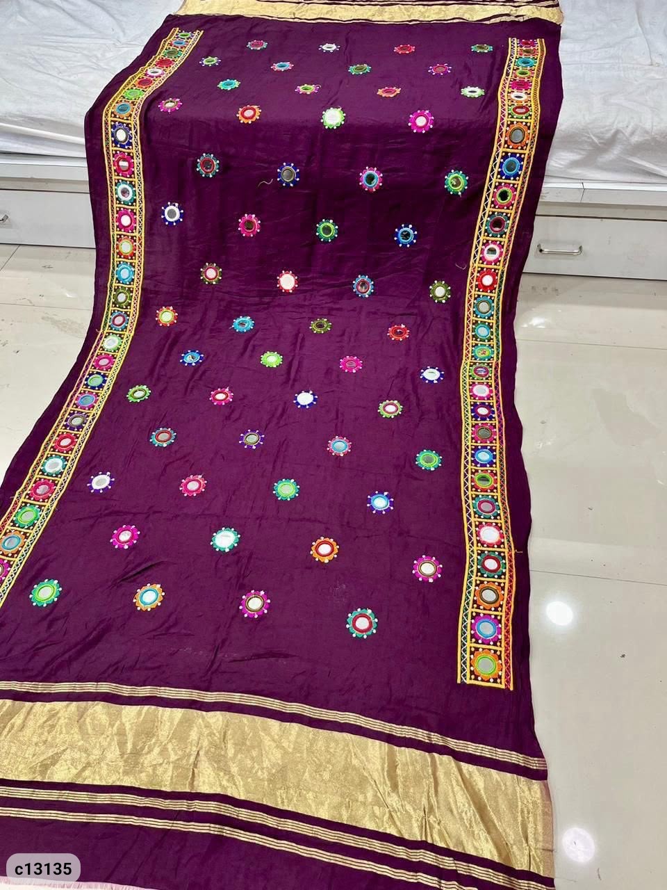 Semi Gajji Mirror Work Dupatta with Decorative Border