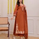 Women's Floral Cutwork Cotton Kurta Pant Dupatta Set - Orange