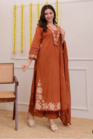 Women's Floral Cutwork Cotton Kurta Pant Dupatta Set