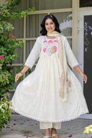 Women's White Cotton Embroidered Anarkali Kurta Set with Printed Dupatta - 3-Piece Festive Dress