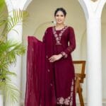 Women's Floral Cutwork Cotton Kurta Pant Dupatta Set - maroon