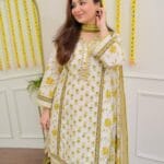 Women's Blue & White Floral Print Cotton Suit Set with Mirror Work - Yellow