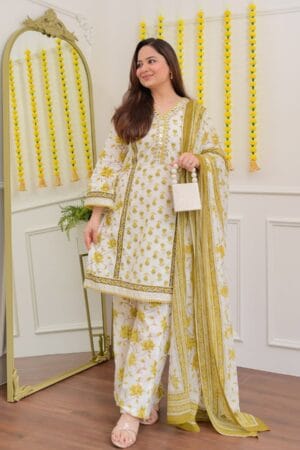 Women's Blue & White Floral Print Cotton Suit Set with Mirror Work