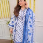 Women's Blue & White Floral Print Cotton Suit Set with Mirror Work - Blue