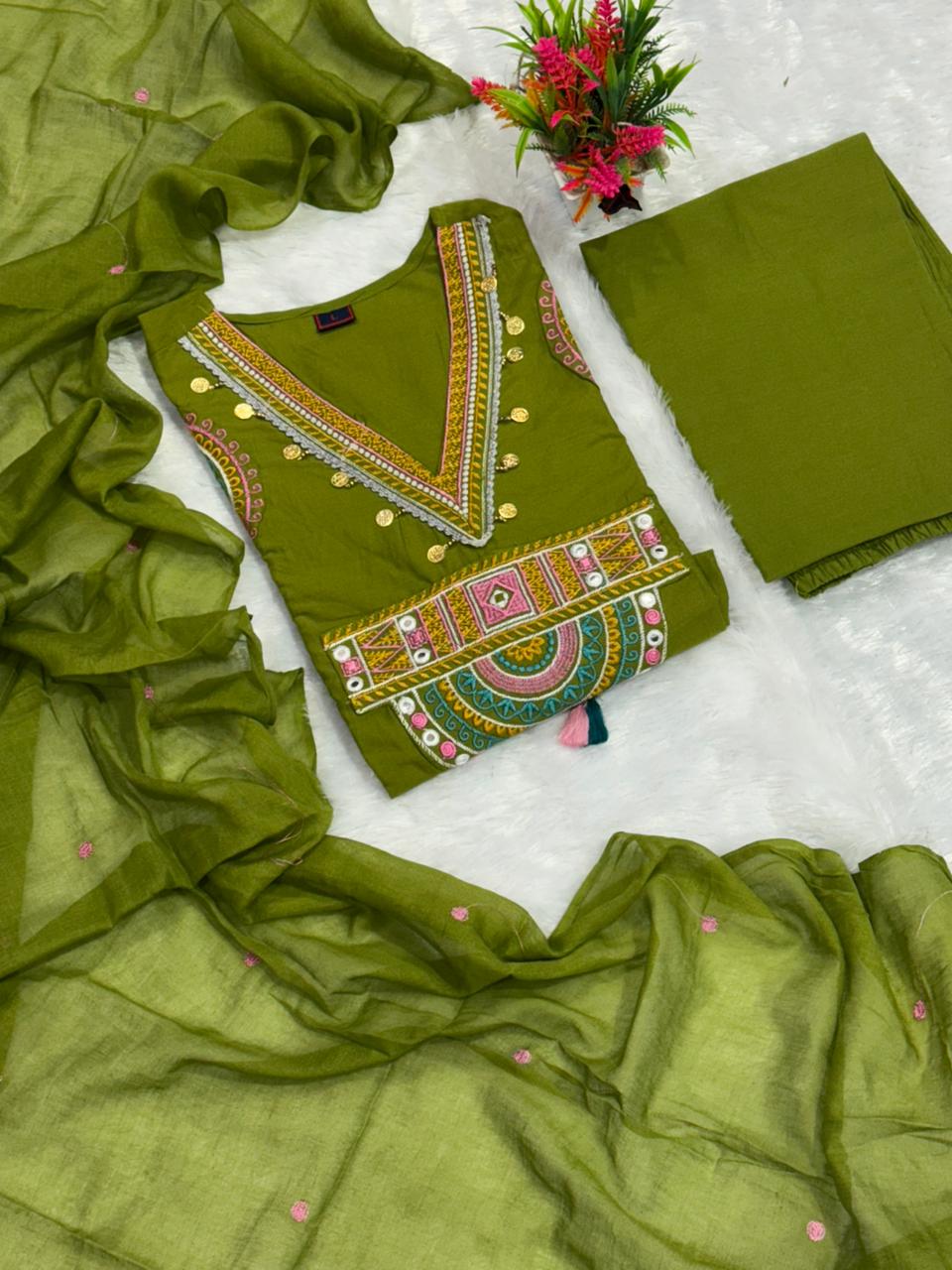 Ayzaan Label Olive Green Mal Cotton Ethnic Set with Traditional Gujarati Embroidery & Cutwork – Comfortable Occasion Wear
