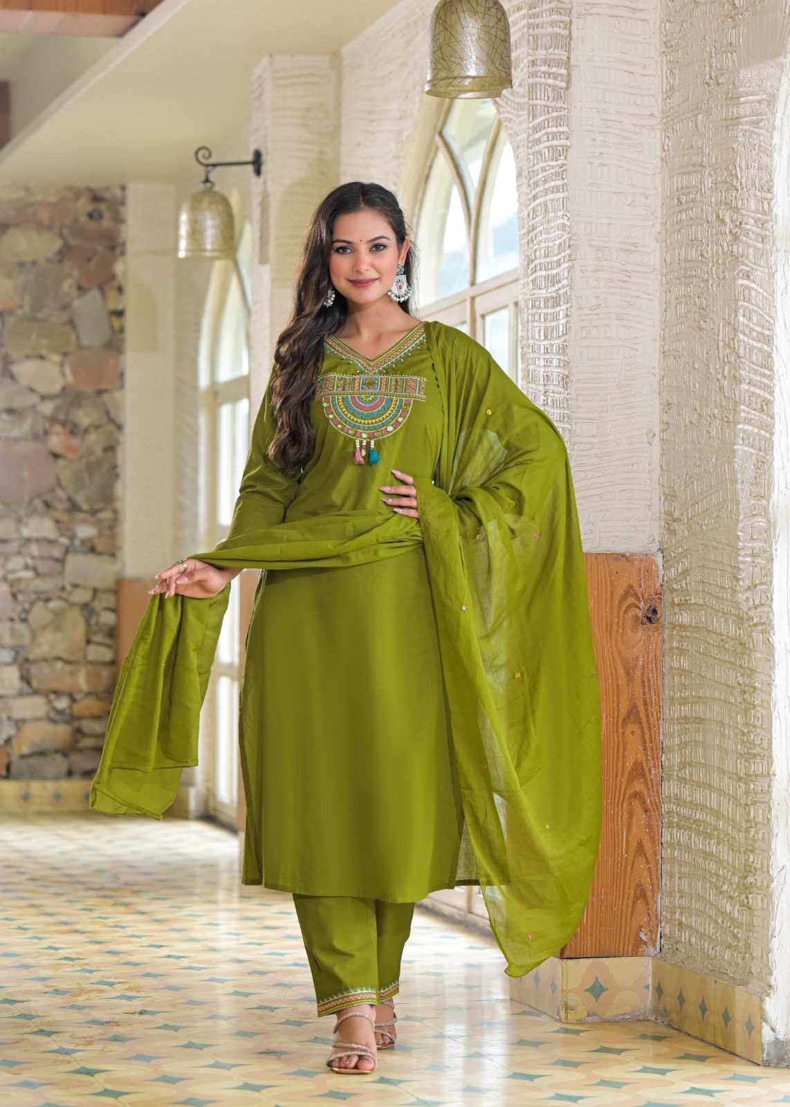Ayzaan Label Olive Green Mal Cotton Ethnic Set with Traditional Gujarati Embroidery & Cutwork – Comfortable Occasion Wear