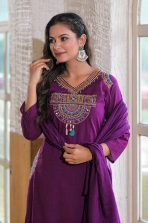 Ayzaan Label Plum Purple Mal Cotton Kurta Set with Gujarati Embroidery & Pocket Detail