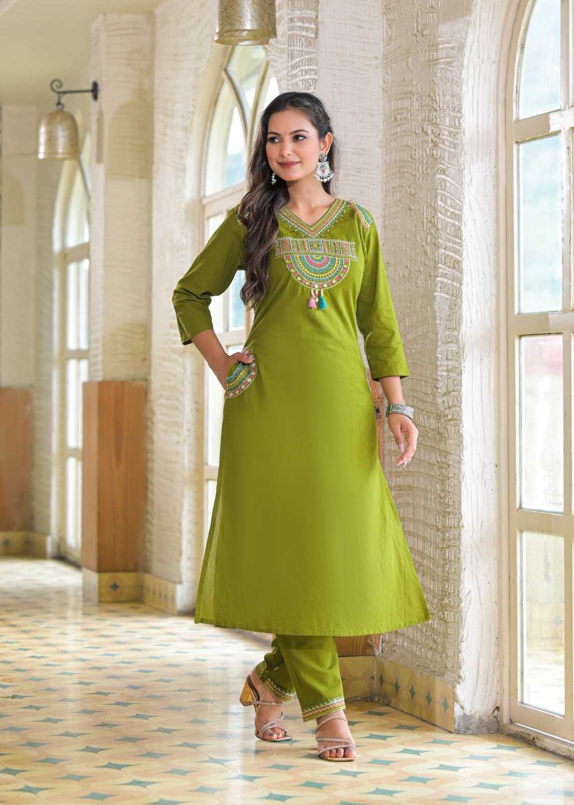 Ayzaan Label Olive Green Mal Cotton Ethnic Set with Traditional Gujarati Embroidery & Cutwork – Comfortable Occasion Wear