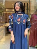 Ayzaan Label Prussian Blue Cotton Kurta Pant Set with Hand Embroidery & Floral Print Yoke