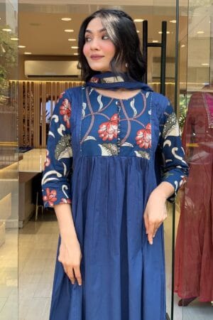 Ayzaan Label Prussian Blue Cotton Kurta Pant Set with Hand Embroidery & Floral Print Yoke