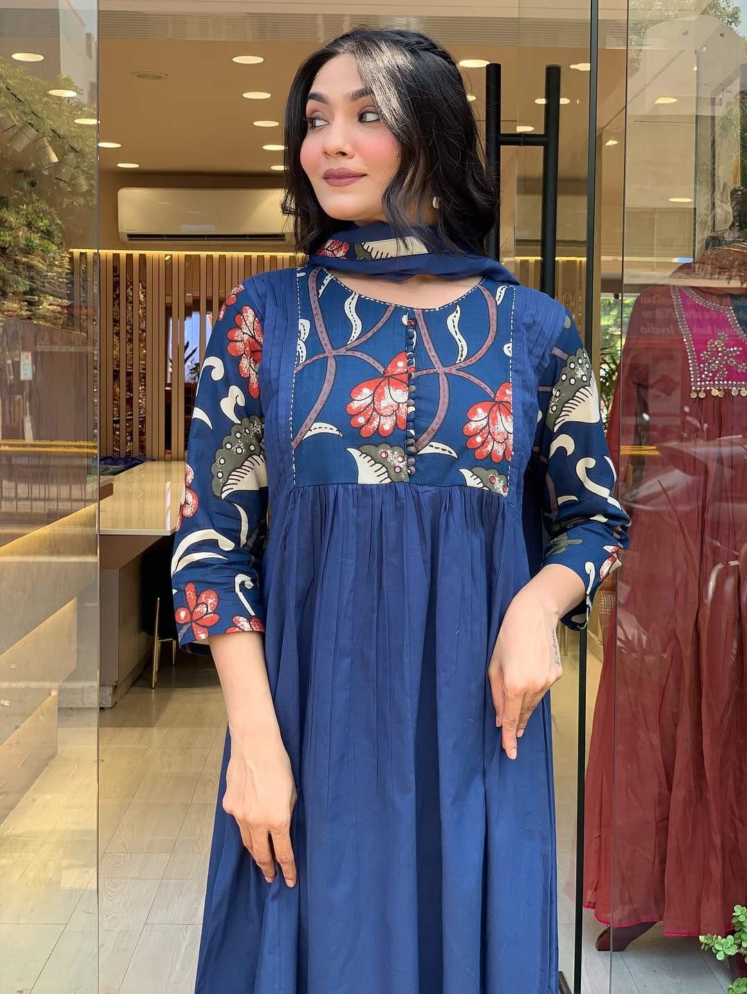 Ayzaan Label Prussian Blue Cotton Kurta Pant Set with Hand Embroidery & Floral Print Yoke