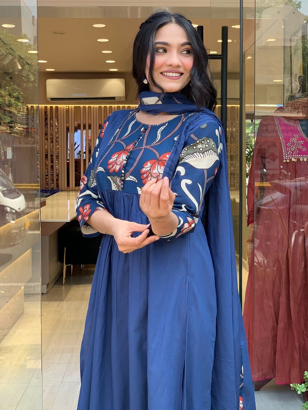Ayzaan Label Prussian Blue Cotton Kurta Pant Set with Hand Embroidery & Floral Print Yoke - Image 2