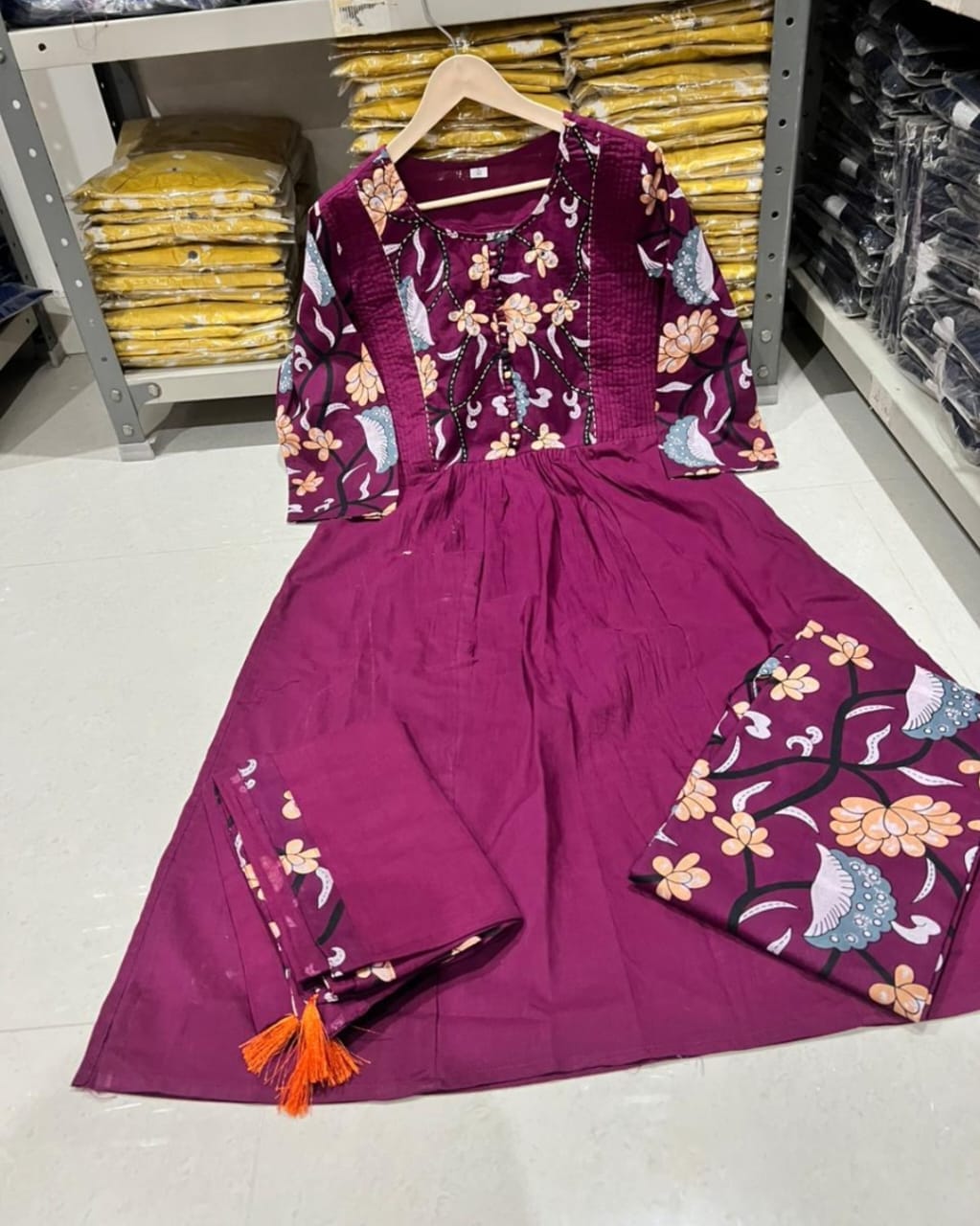 Ayzaan Label Deep Purple Hand Embroidered Cotton Suit Set with Mal Cotton Tassel Dupatta & Pant - Image 4