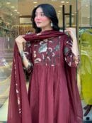 yzaan Label Deep Purple Hand Embroidered Cotton Suit Set with Mal Cotton Tassel Dupatta & Pant