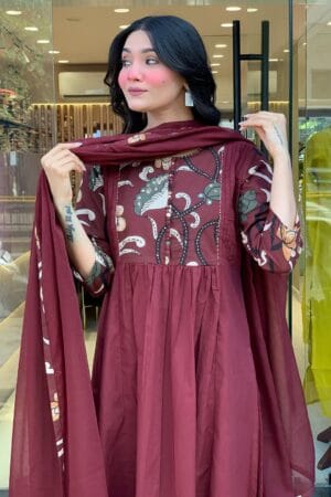 yzaan Label Deep Purple Hand Embroidered Cotton Suit Set with Mal Cotton Tassel Dupatta & Pant