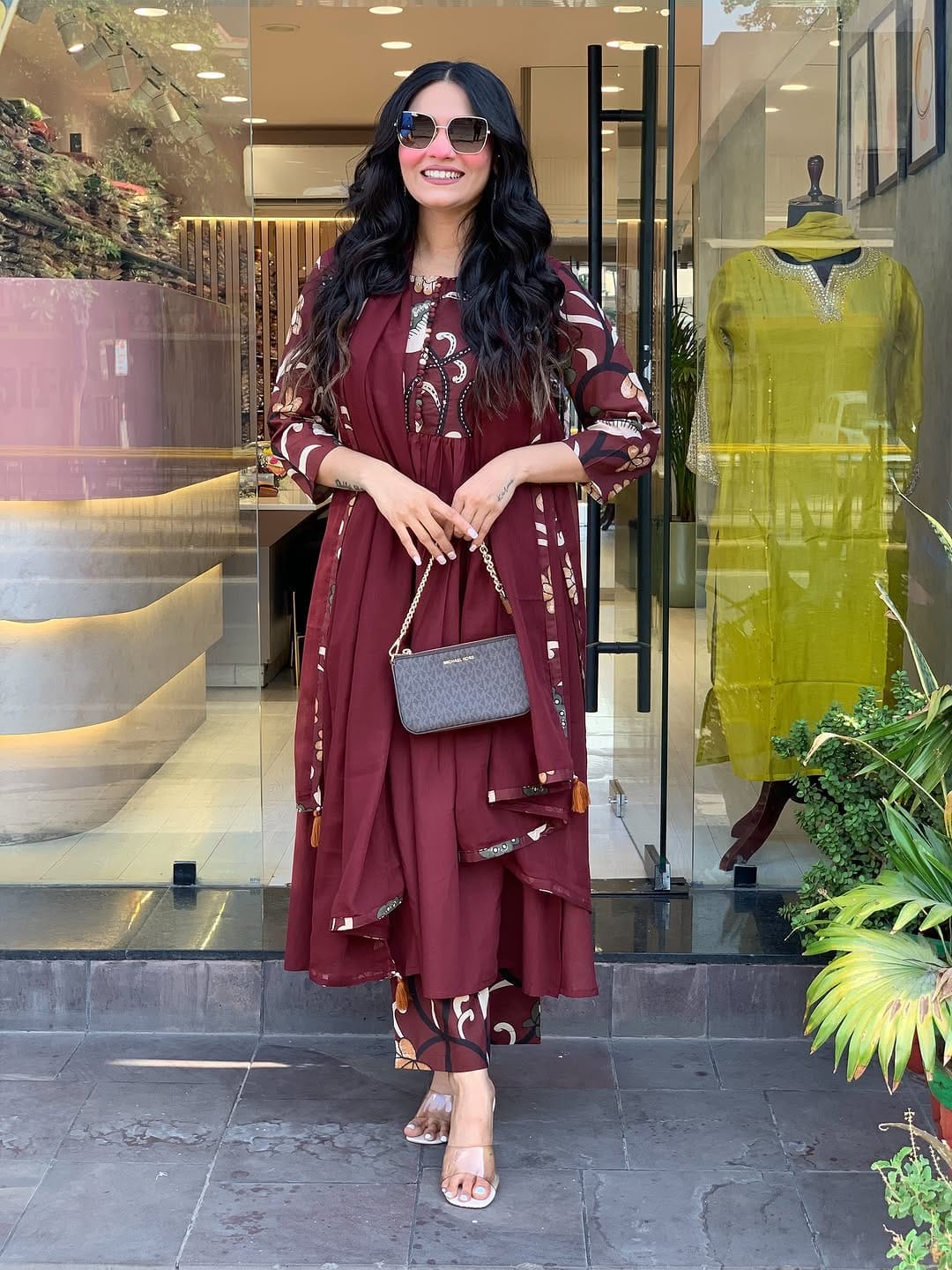yzaan Label Deep Purple Hand Embroidered Cotton Suit Set with Mal Cotton Tassel Dupatta & Pant
