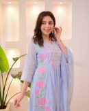 Ayzaan Label Sky Blue Taj Cotton Suit Set with Pink Floral Embroidery & Handwork Details