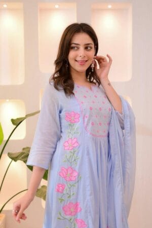 Ayzaan Label Sky Blue Taj Cotton Suit Set with Pink Floral Embroidery & Handwork Details