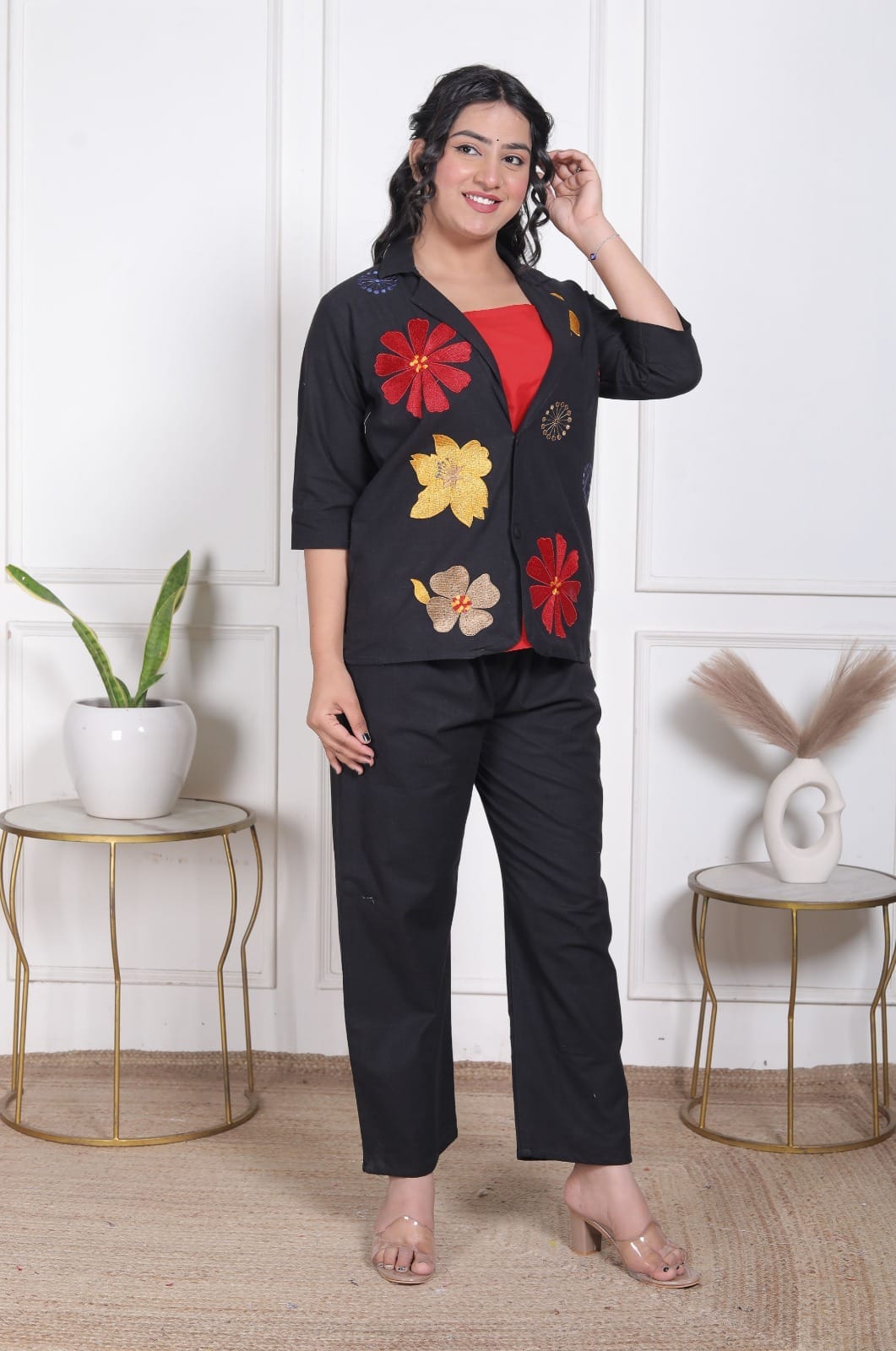 Ayzaan Label Black Cotton Flex Blazer Suit with Bold Red Floral Appliqué & Straight Trousers - Image 2