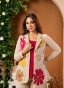 Ayzaan Label Beige Cotton Flex 3-Piece Set with Vibrant Red Floral Appliqué Blazer & Wide-Leg Trousers