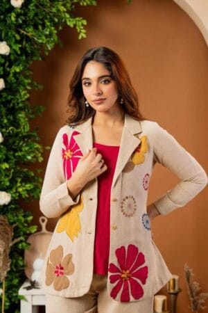 Ayzaan Label Beige Cotton Flex 3-Piece Set with Vibrant Red Floral Appliqué Blazer & Wide-Leg Trousers