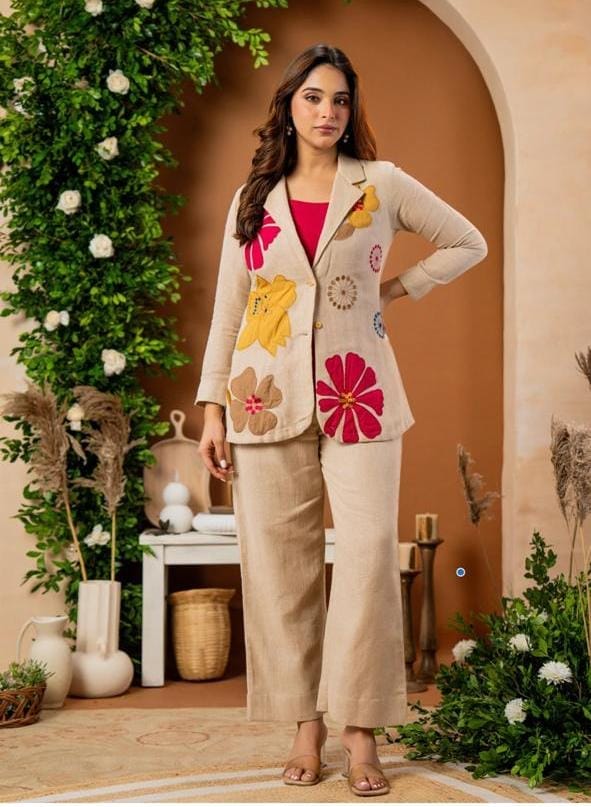 Ayzaan Label Beige Cotton Flex 3-Piece Set with Vibrant Red Floral Appliqué Blazer & Wide-Leg Trousers - Image 2