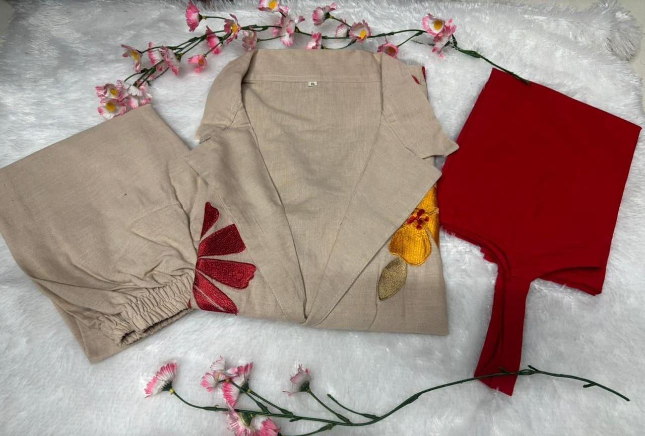 Ayzaan Label Beige Cotton Flex 3-Piece Set with Vibrant Red Floral Appliqué Blazer & Wide-Leg Trousers - Image 4