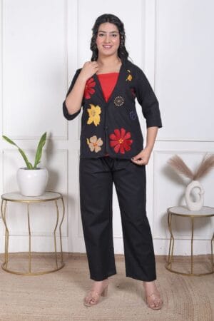 Ayzaan Label Black Cotton Flex Blazer Suit with Bold Red Floral Appliqué & Straight Trousers