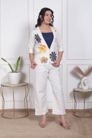 Ayzaan Label White 3-Piece Blazer Ensemble with Navy Floral Embroidery & Matching Inner